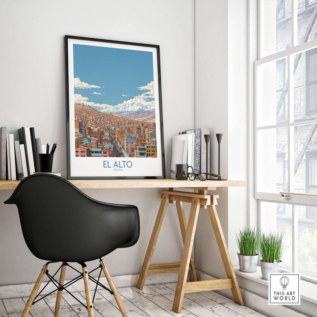 El Alto Bolivia urban landscape print featuring city and Andes Mountains, perfect decor for travel lovers.