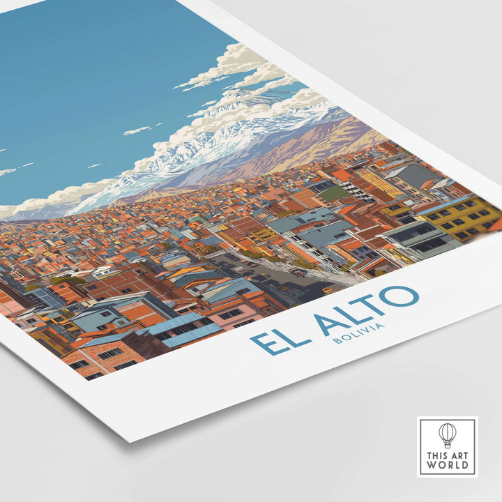 El Alto Bolivia urban landscape print showcasing vibrant city with Andes Mountains in background, ideal for travel decor.