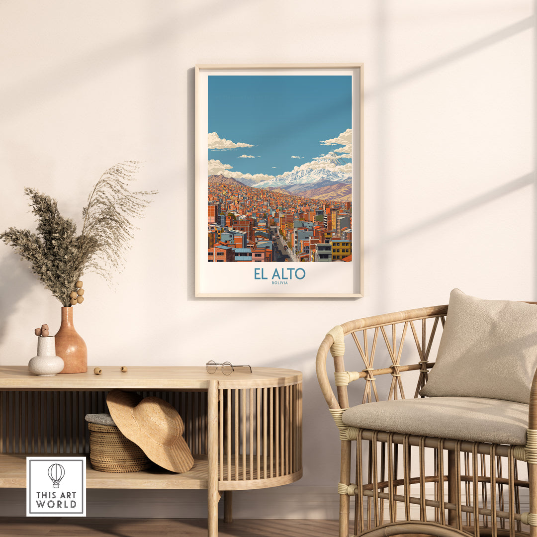 El Alto Bolivia Urban Landscape Print showing cityscape and Andes Mountains, perfect for travel decor.