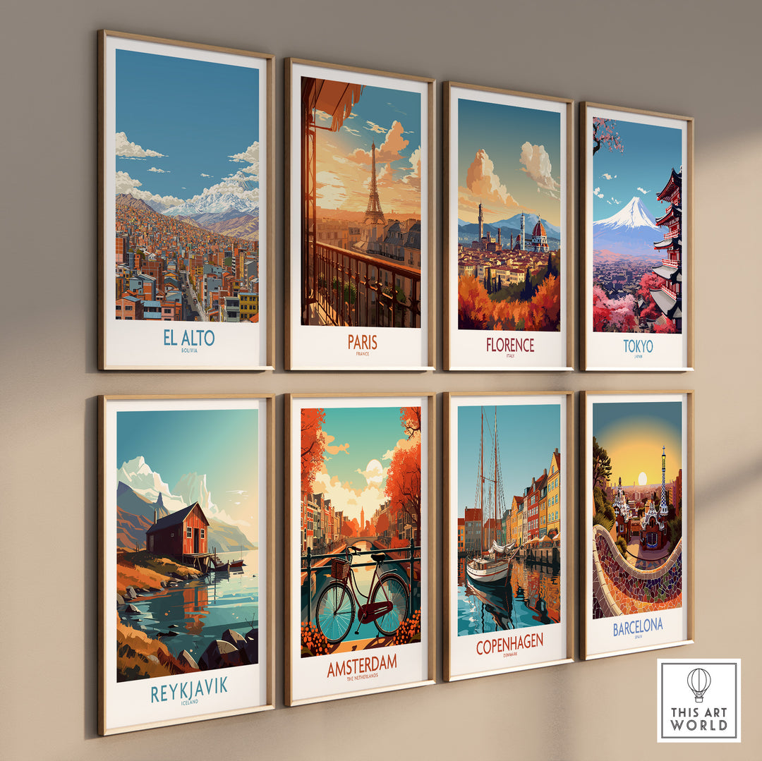 Colorful travel art prints featuring El Alto, Paris, Florence, Tokyo, Reykjavik, Amsterdam, Copenhagen, and Barcelona.