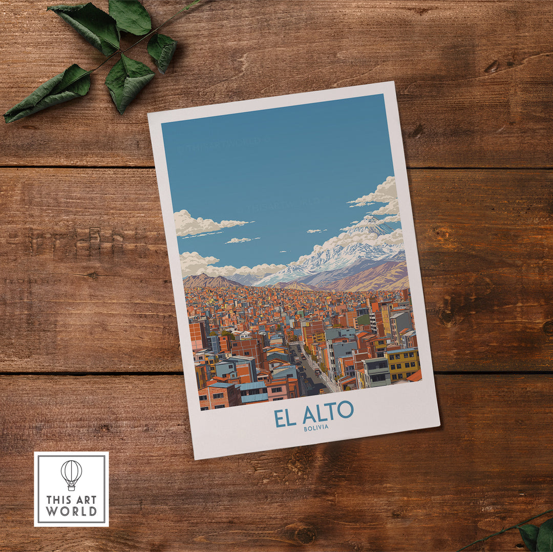 El Alto Bolivia urban landscape print featuring vibrant cityscape and Andes Mountains, ideal travel decor for enthusiasts.
