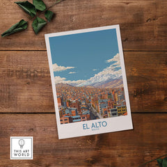 El Alto Bolivia Urban Landscape Print - Andes Mountain Travel Decor showcasing a vibrant city against majestic mountains.
