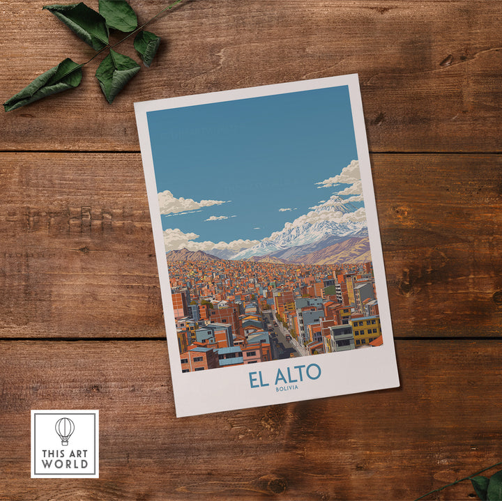 El Alto Bolivia urban landscape print featuring vibrant cityscape and Andes Mountains, ideal travel decor for enthusiasts.