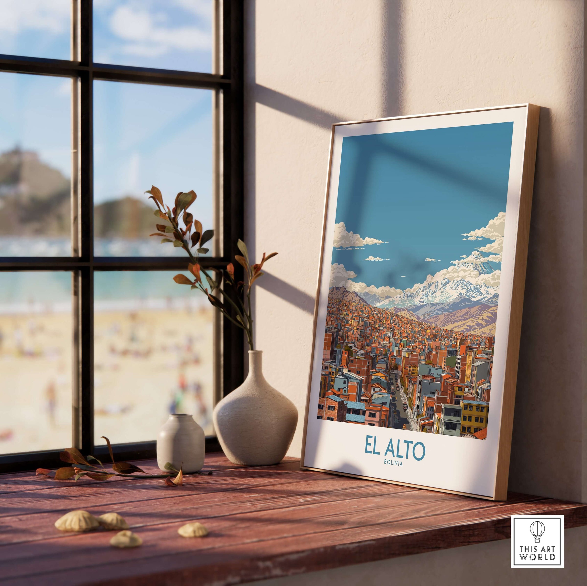 El Alto Bolivia Urban Landscape Print - Andes Mountain Travel Decor showcased in a sunlit room with a scenic view.