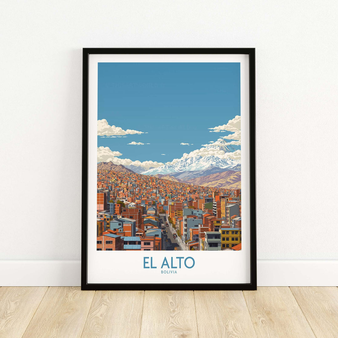 El Alto Bolivia urban landscape print showcasing vibrant city life with the Andes Mountains in the background.