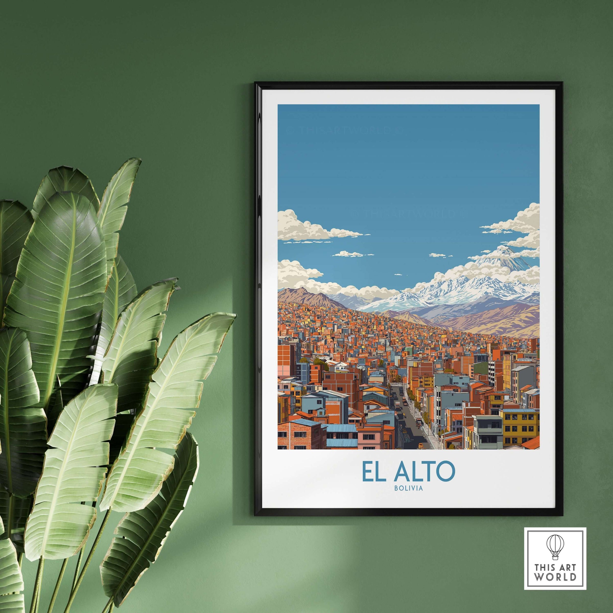El Alto Bolivia Urban Landscape Print - Andes Mountain Travel Decor framed on a green wall with plants.