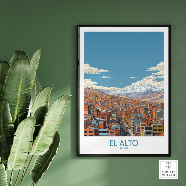 El Alto Bolivia Urban Landscape Print showcasing colorful cityscape with Andes Mountains backdrop, perfect travel decor.