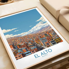 El Alto Bolivia Urban Landscape Print - Andes Mountain Travel Decor showcasing a vibrant city against majestic mountains.