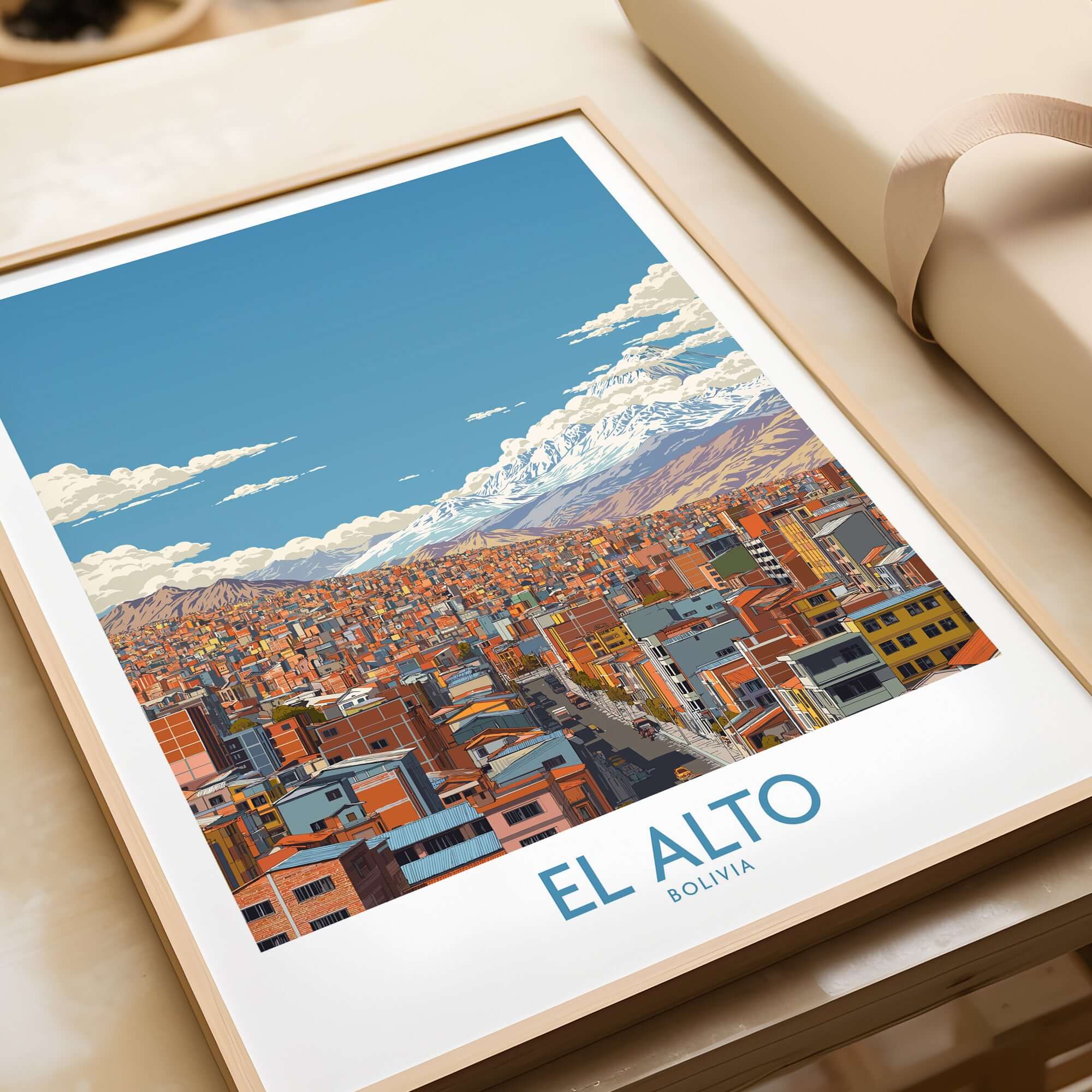 El Alto Bolivia Urban Landscape Print - Andes Mountain Travel Decor showcasing a vibrant city against majestic mountains.