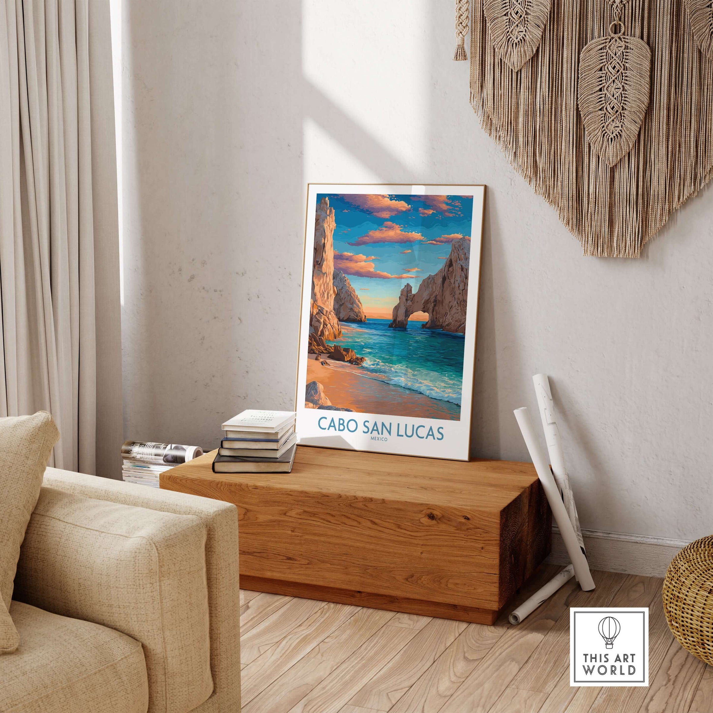 El Arco Cabo San Lucas Sunset Poster Mexico Coastal Landscape Travel Print Wall Art displayed in a stylish living room.