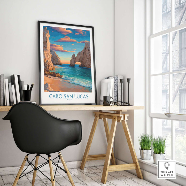 Cabo San Lucas sunset poster displayed in a modern workspace, showcasing coastal landscape wall art.