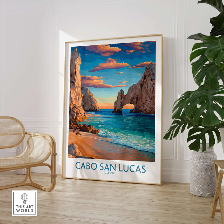 Cabo San Lucas sunset poster featuring El Arco, vibrant coastal landscape wall art in a modern interior setting.