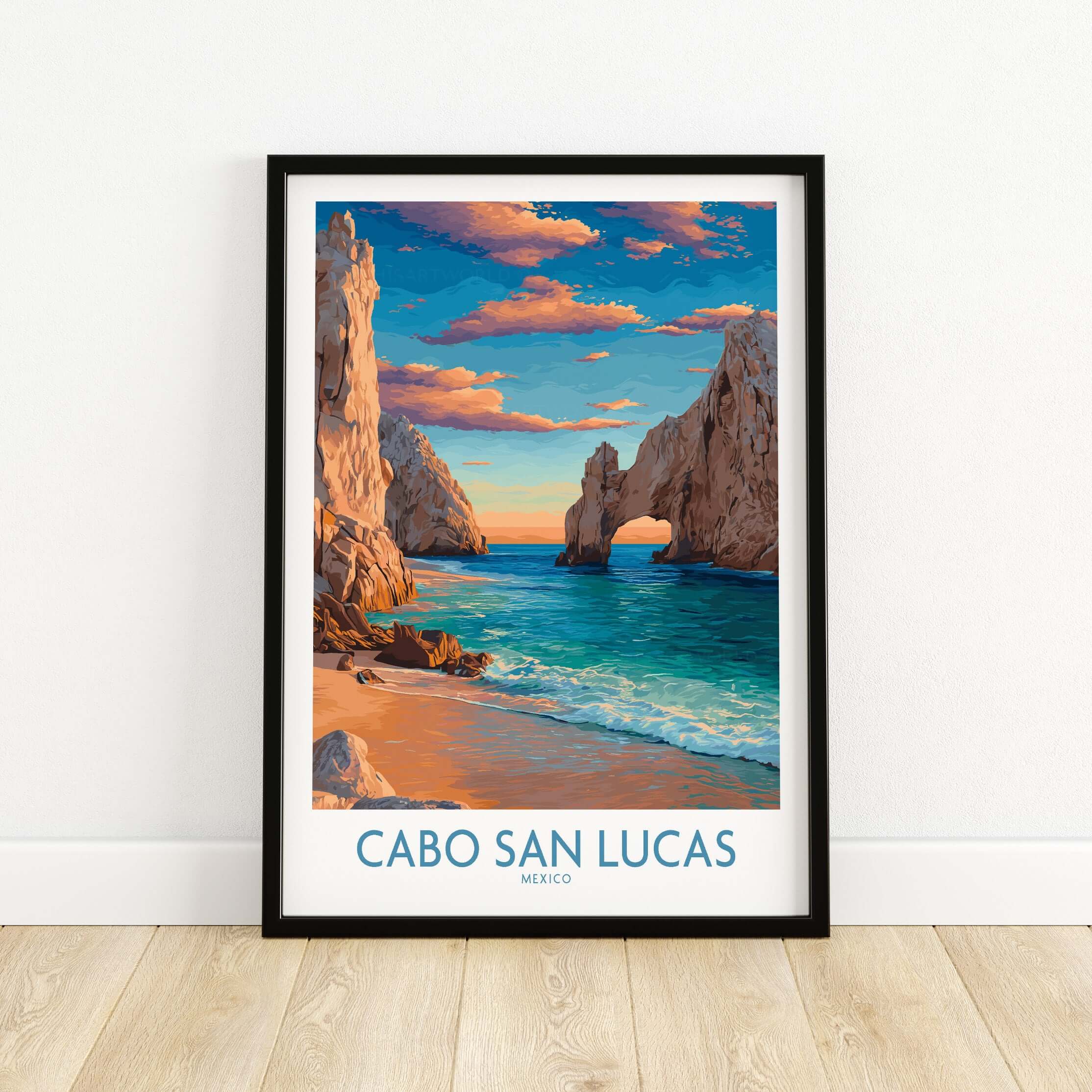 El Arco Cabo San Lucas Sunset Poster Mexico Coastal Landscape Travel Print Wall Art showcasing iconic arch and vibrant sunset.