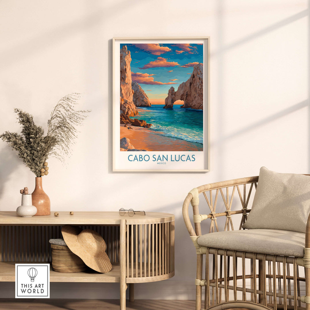 Cabo San Lucas sunset poster featuring El Arco coastal landscape wall art in modern home decor setting.
