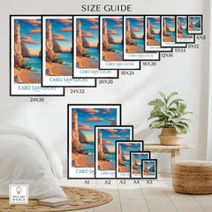 El Arco Cabo San Lucas Sunset Poster Mexico Coastal Landscape Travel Print Wall Art size guide display