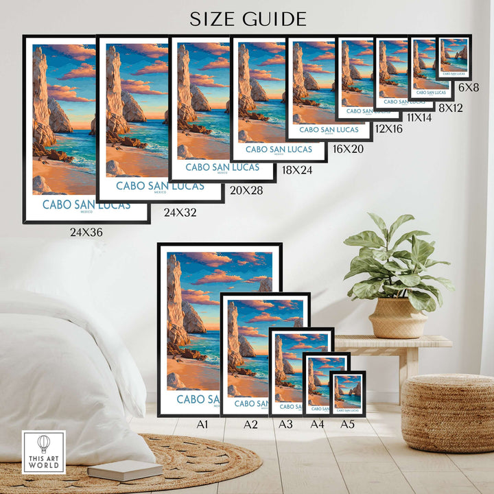 Size guide for El Arco Cabo San Lucas sunset poster showing various print sizes and coastal landscape design.