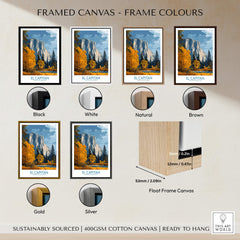 Framed canvas options for El Capitan Wall Art – California Sierra Nevada Autumn Landscape Print with various frame colors.