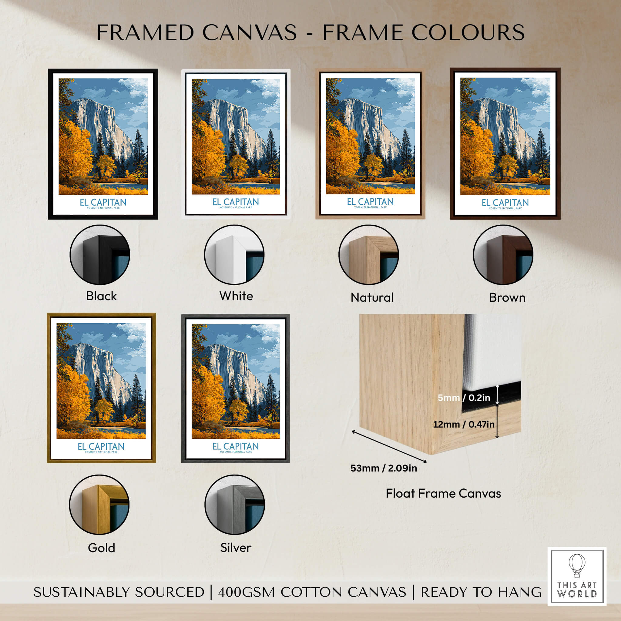Framed canvas options for El Capitan Wall Art – California Sierra Nevada Autumn Landscape Print with various frame colors.