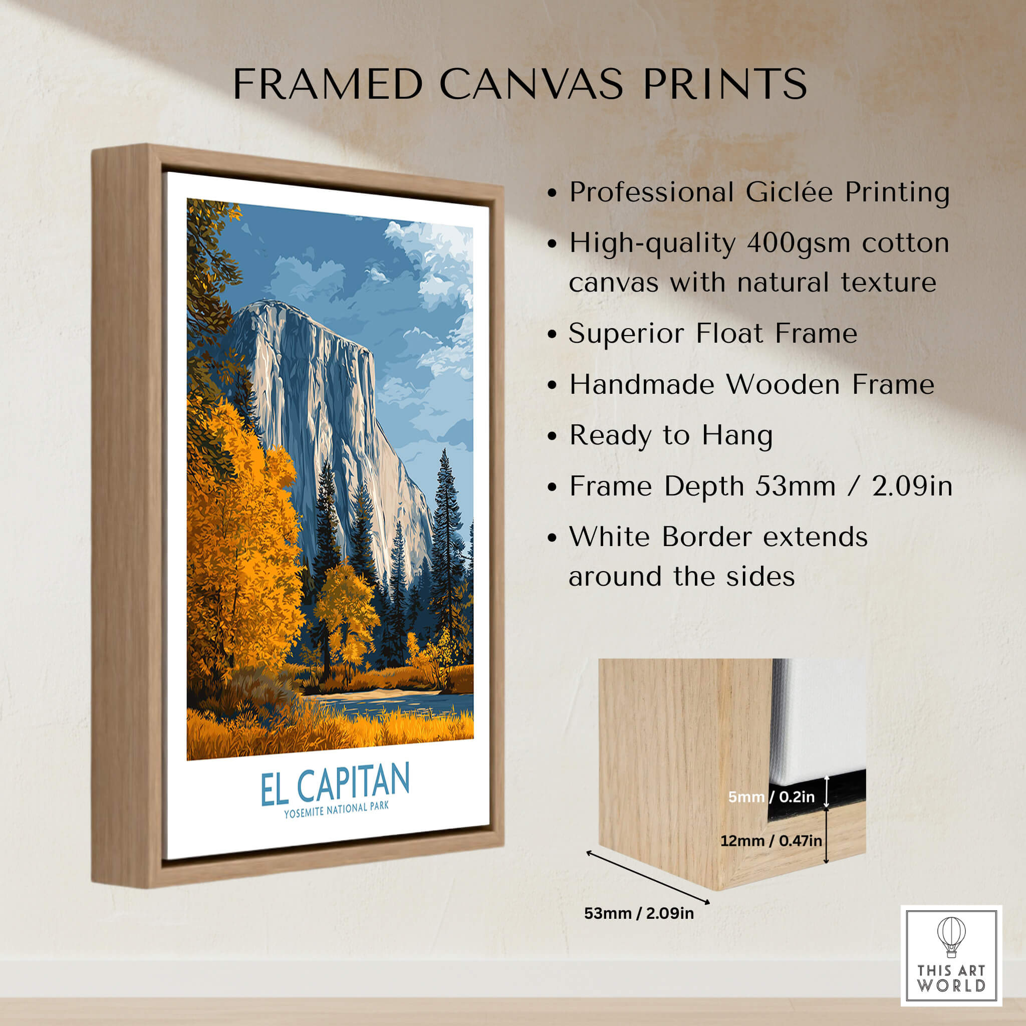 El Capitan Wall Art – California Sierra Nevada Autumn Landscape Print in a high-quality wooden frame.