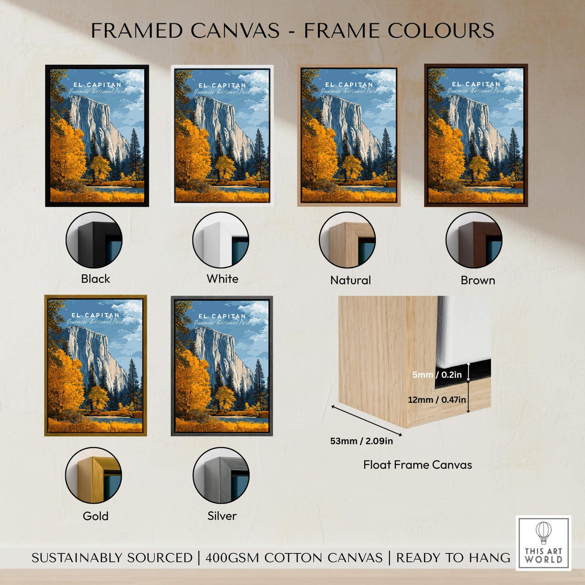 El Capitan Travel Poster – Yosemite National Park Granite Monolith Art displayed in various frame colors.