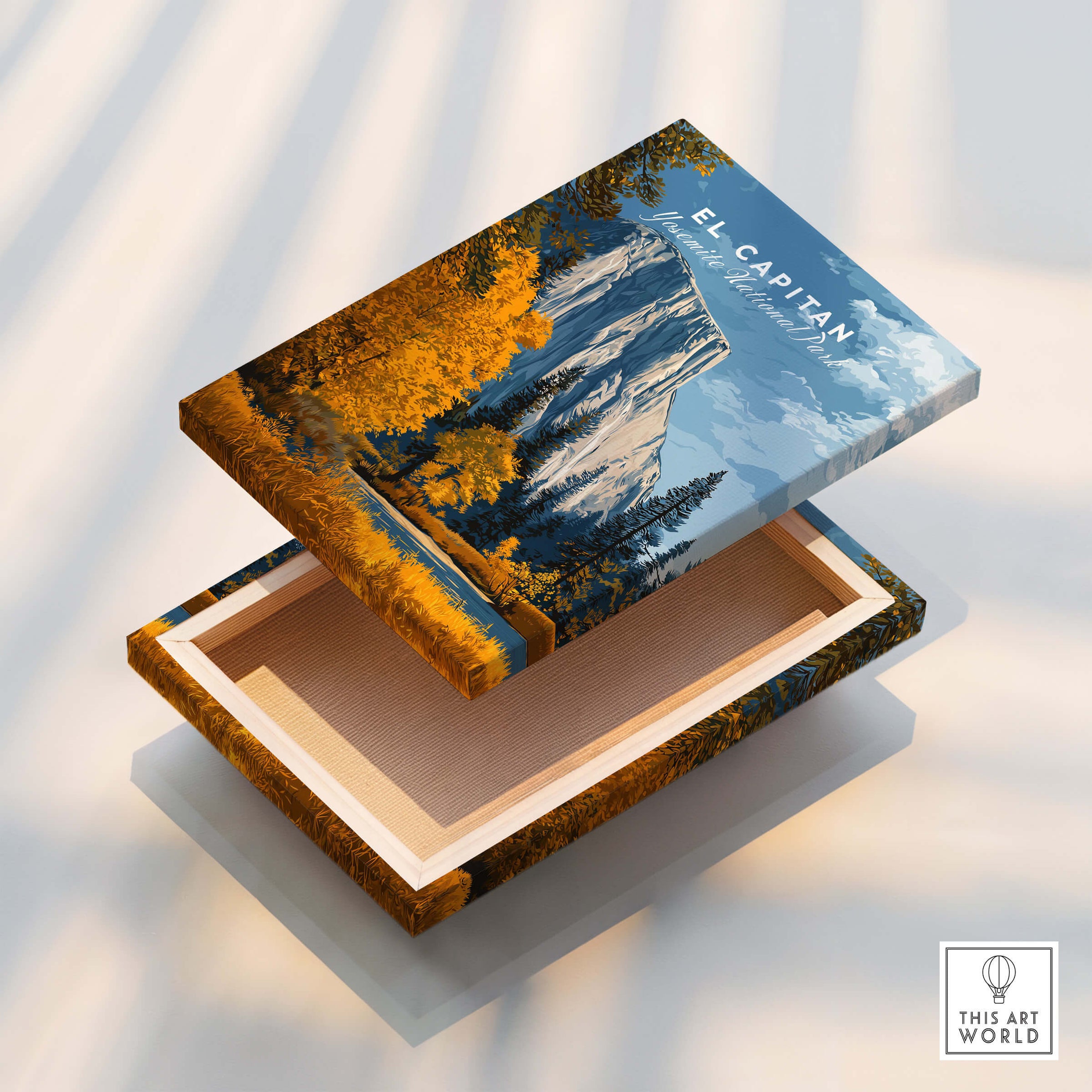 El Capitan Travel Poster – Yosemite National Park Granite Monolith Art on a wooden box with scenic landscape design.