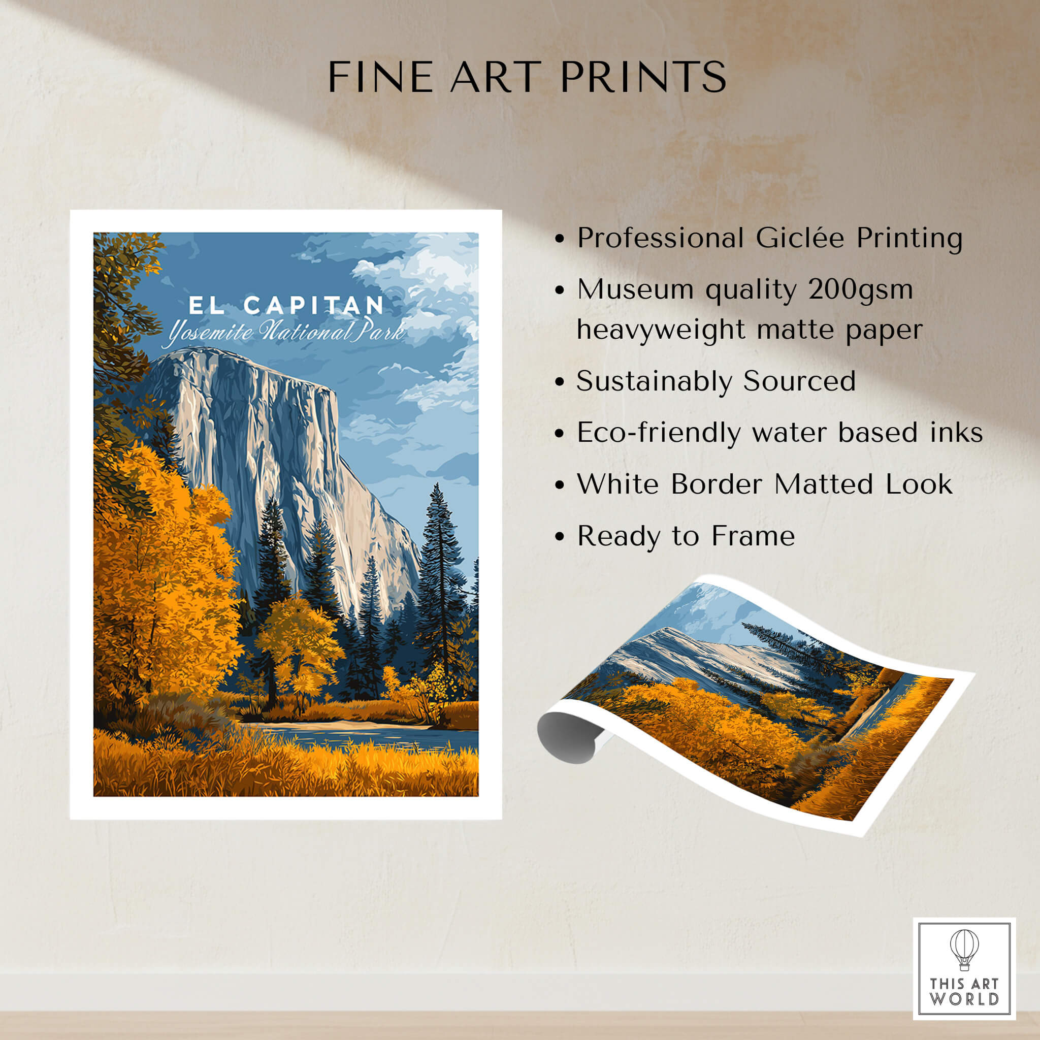 El Capitan Travel Poster – Yosemite National Park Granite Monolith Art displayed as a fine art print with eco-friendly features.