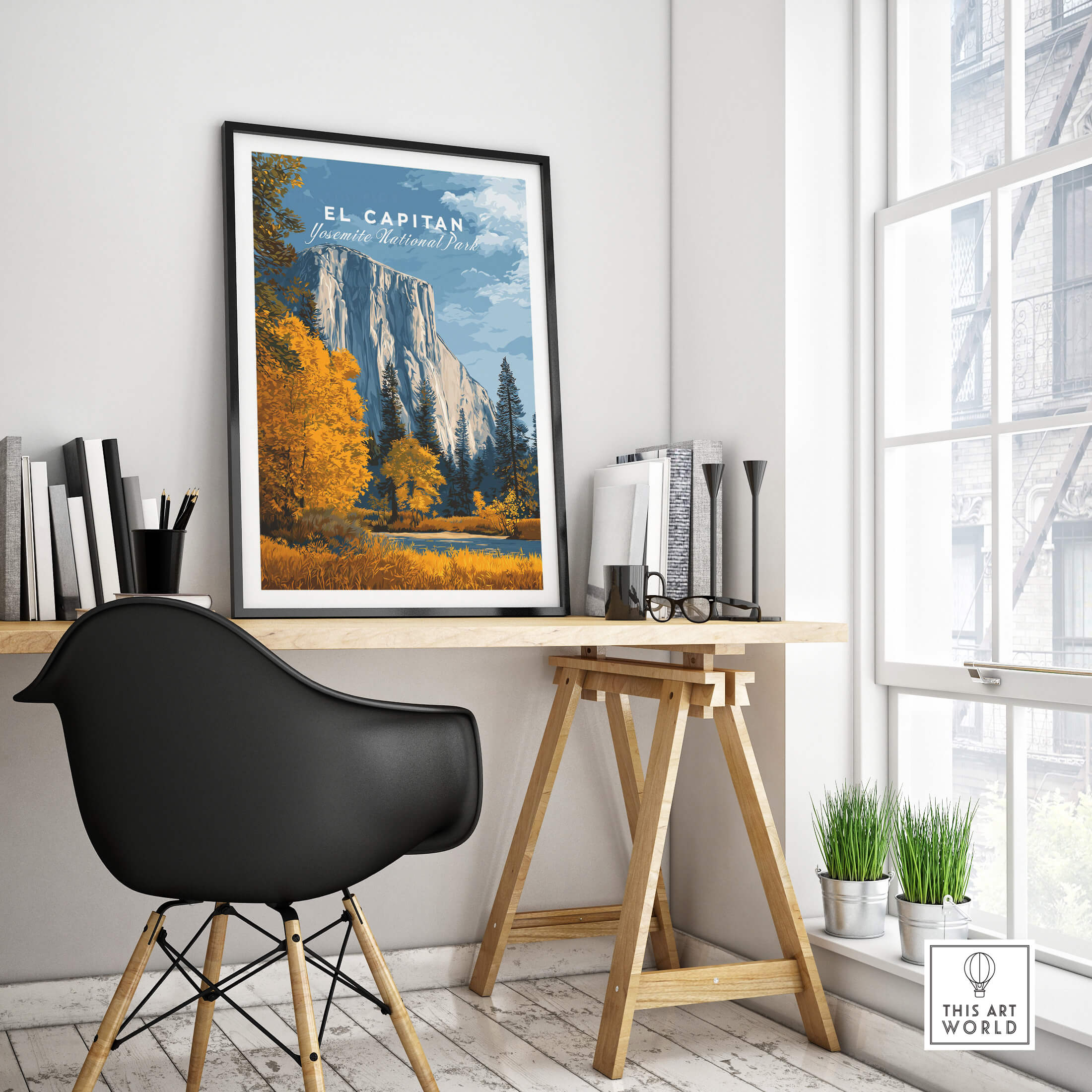 El Capitan Travel Poster – Yosemite National Park Granite Monolith Art displayed on a desk in a stylish interior.