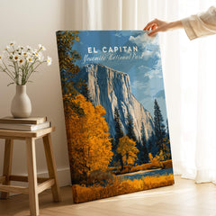 El Capitan Travel Poster – Yosemite National Park Granite Monolith Art displayed in a cozy home setting with vibrant autumn colors.