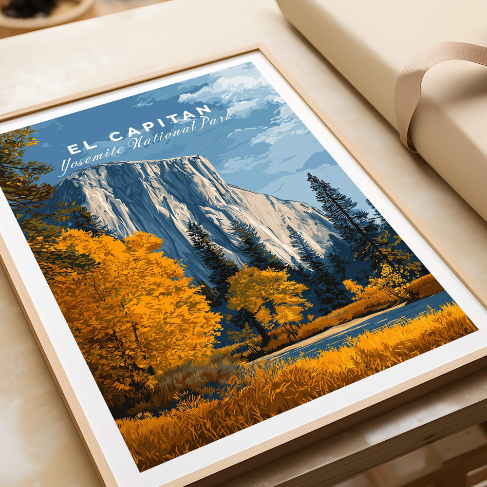 El Capitan Travel Poster – Yosemite National Park Granite Monolith Art showcasing brilliant autumn colors.