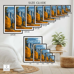 El Capitan Travel Poster – Yosemite National Park Granite Monolith Art size guide showing various framed sizes.