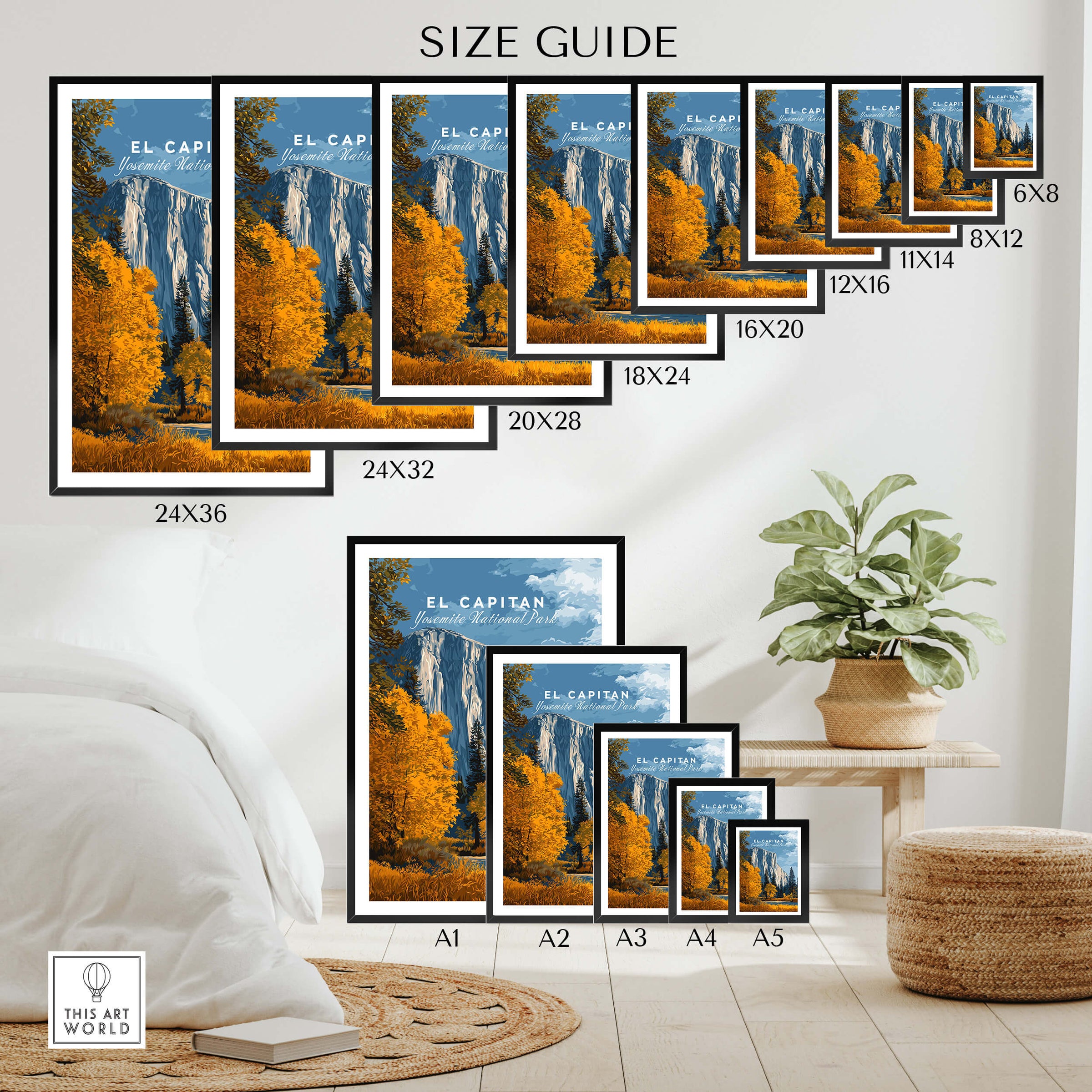El Capitan Travel Poster – Yosemite National Park Granite Monolith Art size guide showing various framed sizes.