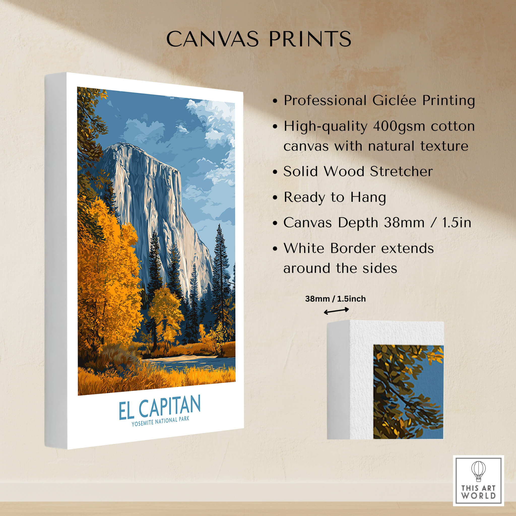 El Capitan Wall Art – California Sierra Nevada Autumn Landscape Print showcased on canvas with natural texture and solid wood stretcher.