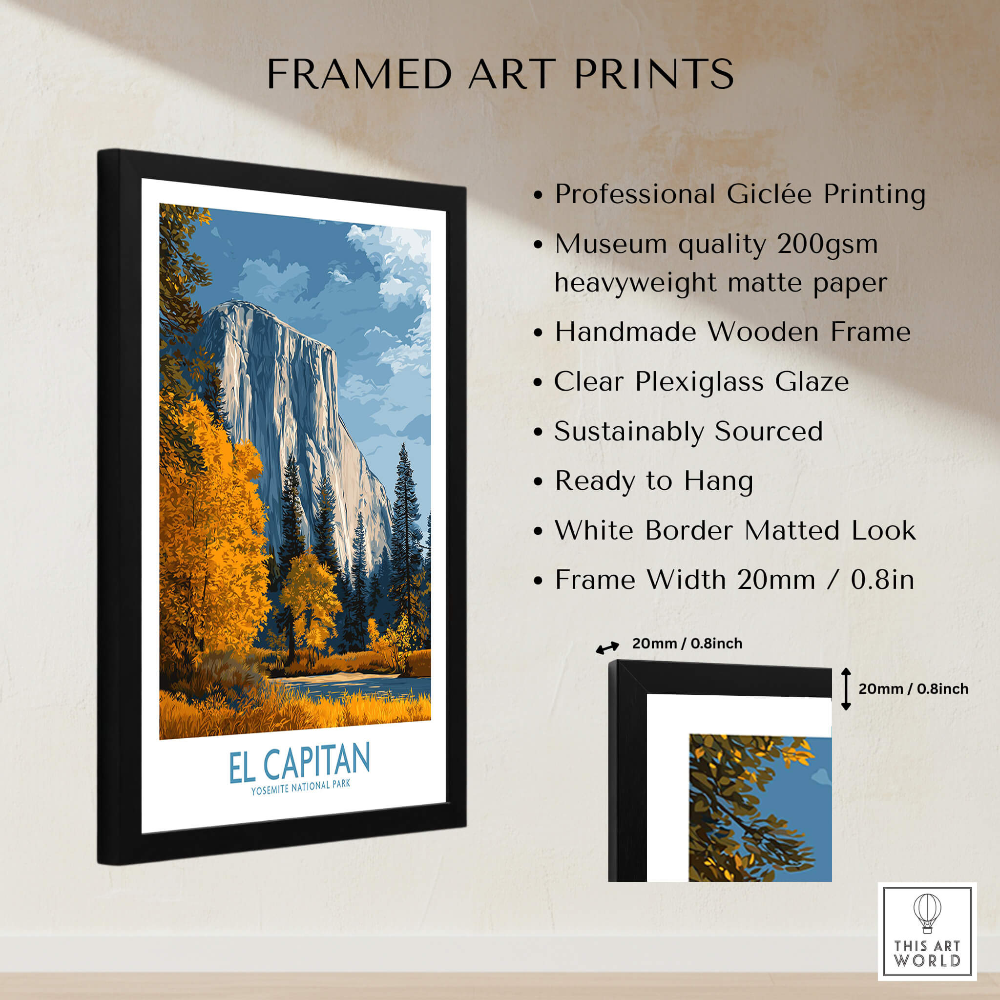 El Capitan Wall Art – California Sierra Nevada Autumn Landscape Print framed art print features professional giclée printing.