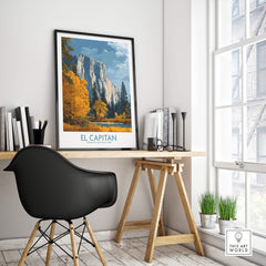El Capitan Wall Art – California Sierra Nevada Autumn Landscape Print displayed in a modern workspace, featuring autumn colors.
