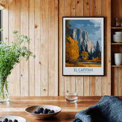 El Capitan Wall Art – California Sierra Nevada Autumn Landscape Print displayed in a rustic interior with wooden walls.
