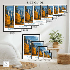 El Capitan Wall Art – California Sierra Nevada Autumn Landscape Print size guide showcasing various print sizes.