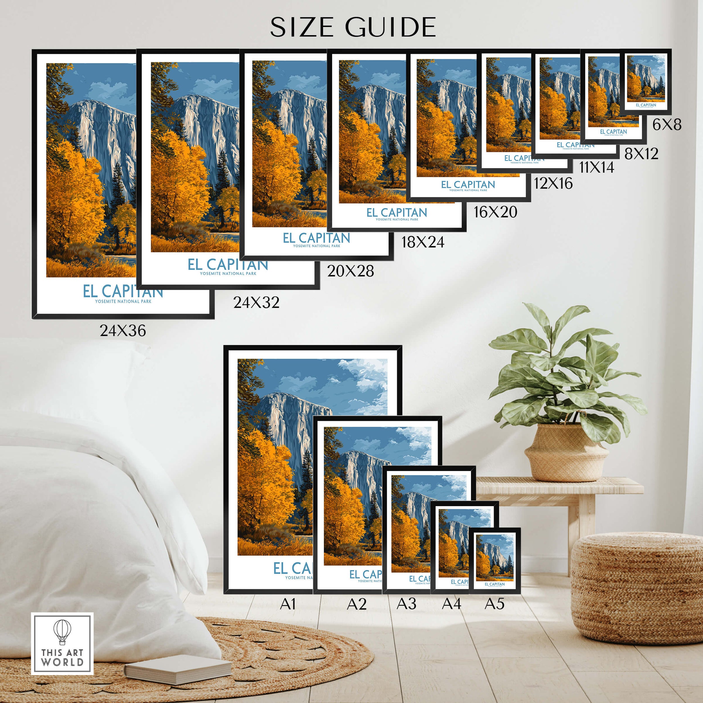El Capitan Wall Art – California Sierra Nevada Autumn Landscape Print size guide showcasing various print sizes.