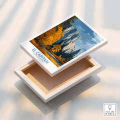 El Capitan Wall Art – California Sierra Nevada Autumn Landscape Print displayed on a wooden box with a stunning autumn scene.