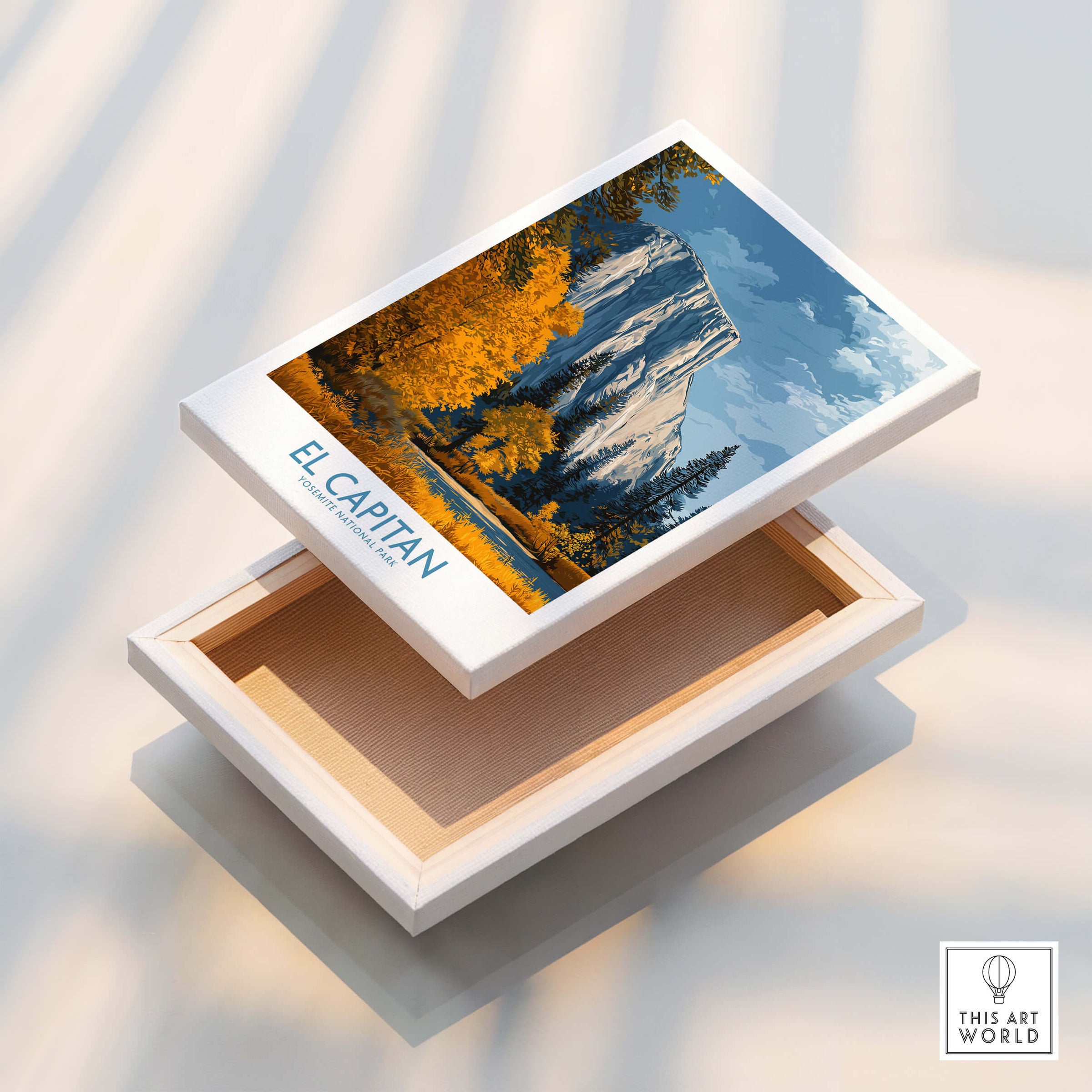 El Capitan Wall Art – California Sierra Nevada Autumn Landscape Print displayed on a wooden box with a stunning autumn scene.
