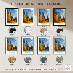 El Capitan Wall Art – California Sierra Nevada Autumn Landscape Print framed in various colours including black, white, natural, and brown.
