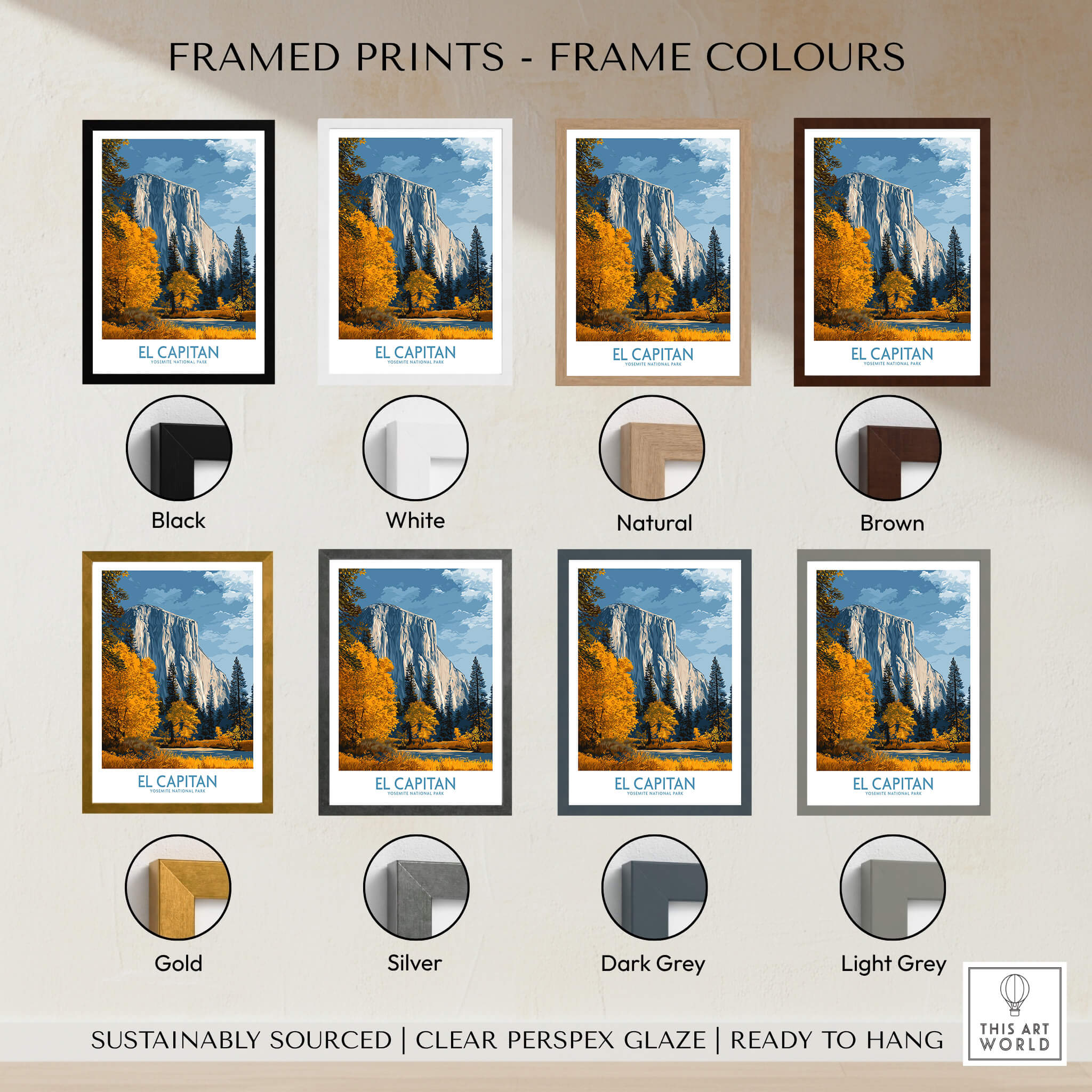 El Capitan Wall Art – California Sierra Nevada Autumn Landscape Print framed in various colours including black, white, natural, and brown.