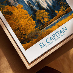 El Capitan Wall Art – California Sierra Nevada Autumn Landscape Print displayed in a wooden frame with vibrant autumn colors.