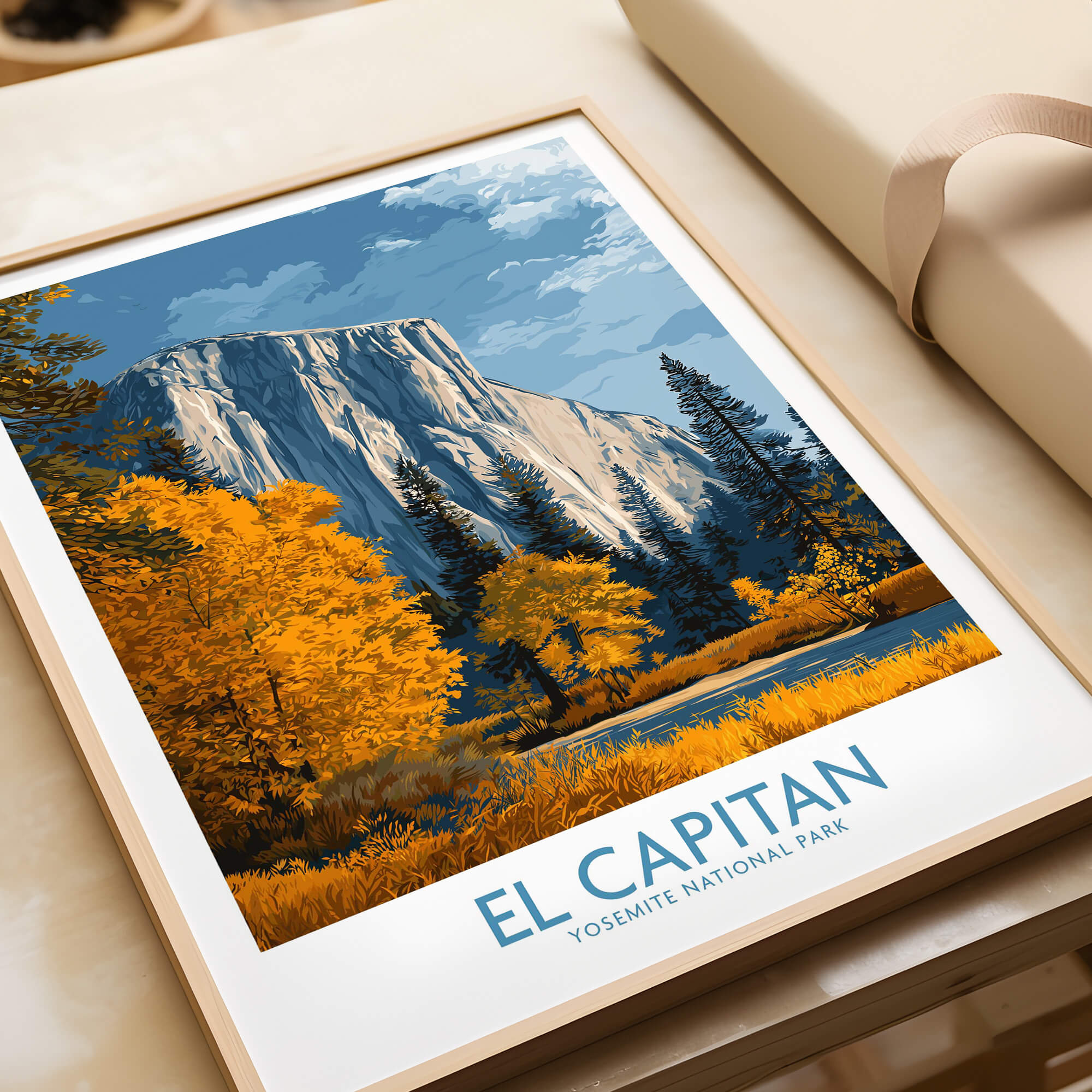 El Capitan Wall Art – California Sierra Nevada Autumn Landscape Print featuring vibrant autumn foliage and Yosemite's granite cliffs.
