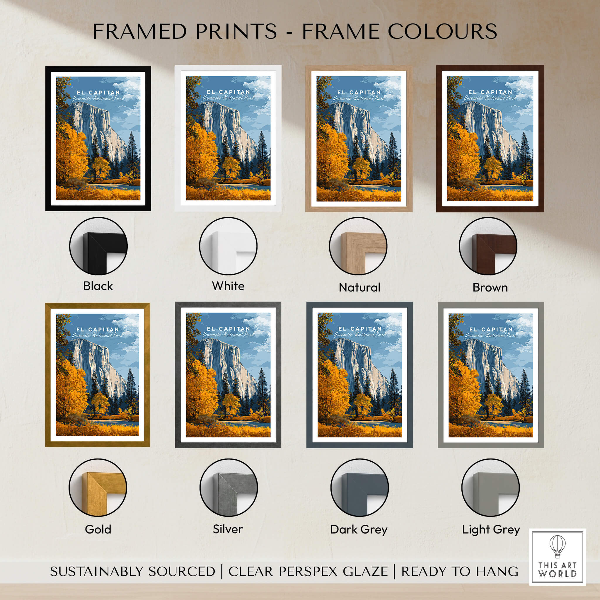 El Capitan Travel Poster – Yosemite National Park Granite Monolith Art framed print colors displayed on a wall.