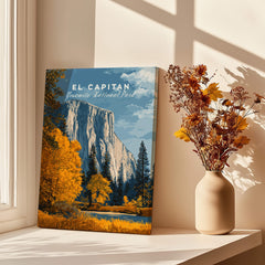 El Capitan Travel Poster – Yosemite National Park Granite Monolith Art displayed inside a sunlit room with plants.