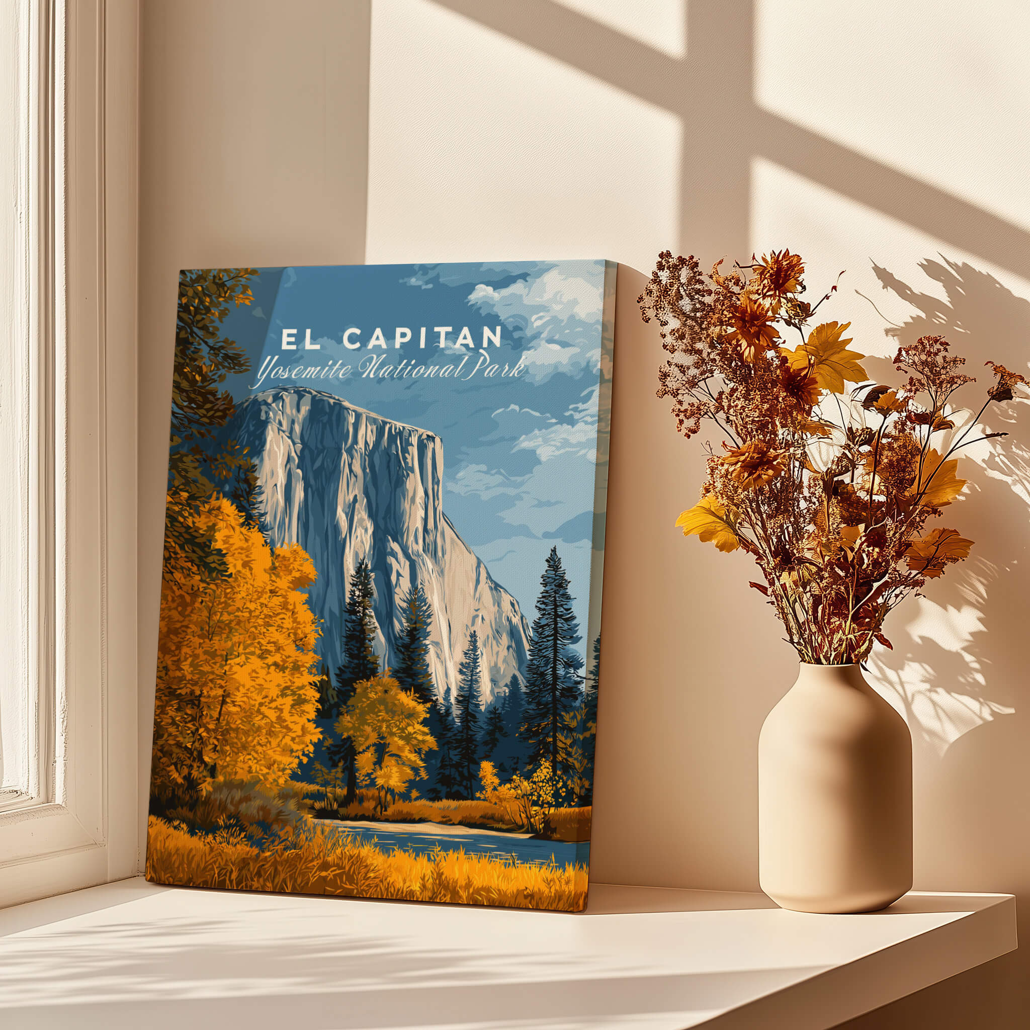 El Capitan Travel Poster – Yosemite National Park Granite Monolith Art displayed inside a sunlit room with plants.