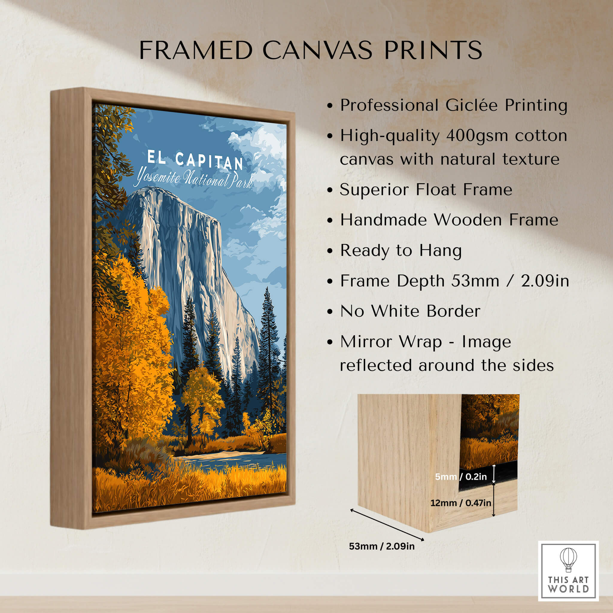El Capitan Travel Poster – Yosemite National Park Granite Monolith Art framed canvas print with natural texture.