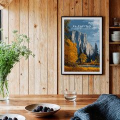 El Capitan Travel Poster – Yosemite National Park Granite Monolith Art displayed in a rustic interior with wooden walls.