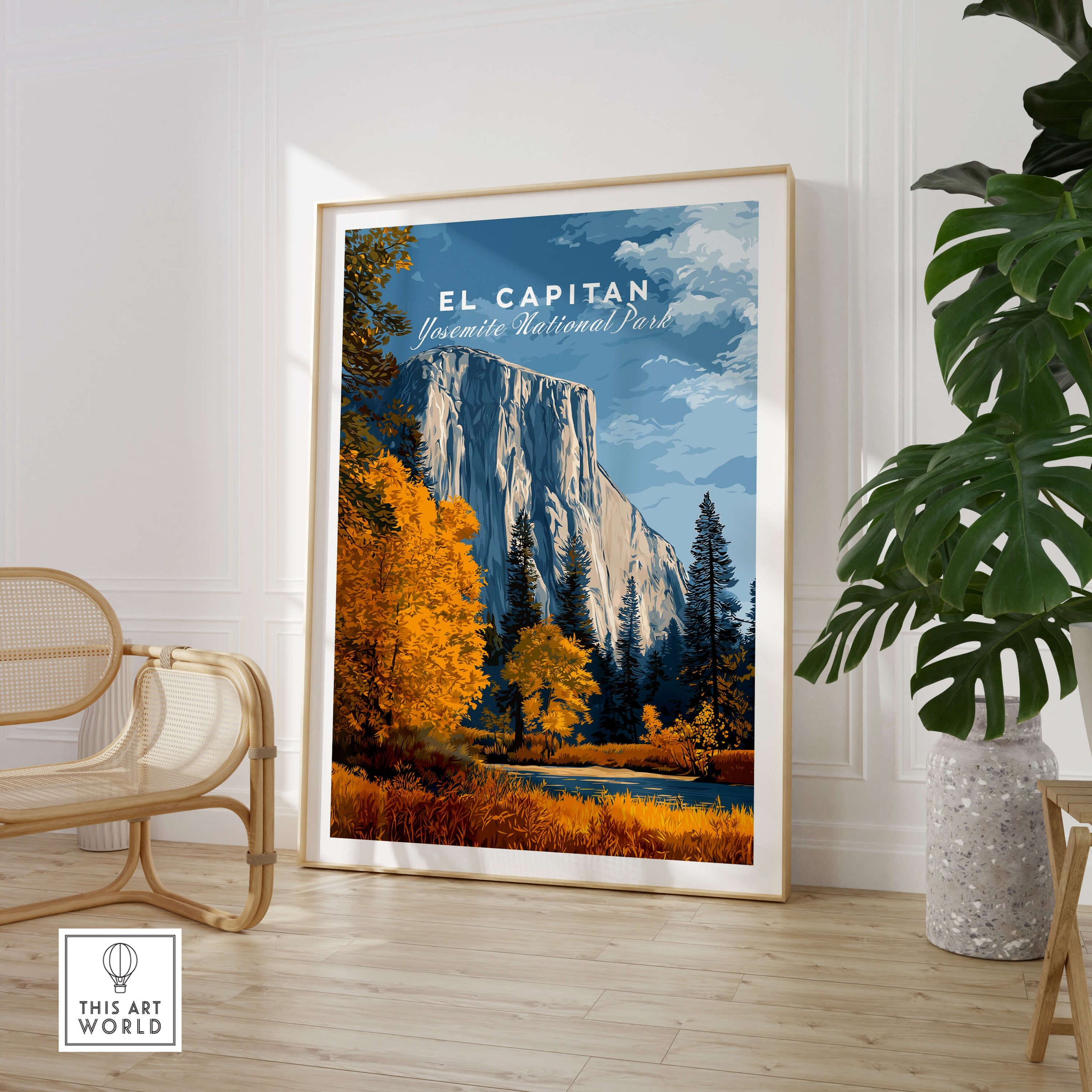 El Capitan Travel Poster – Yosemite National Park Granite Monolith Art displayed in a modern living room.