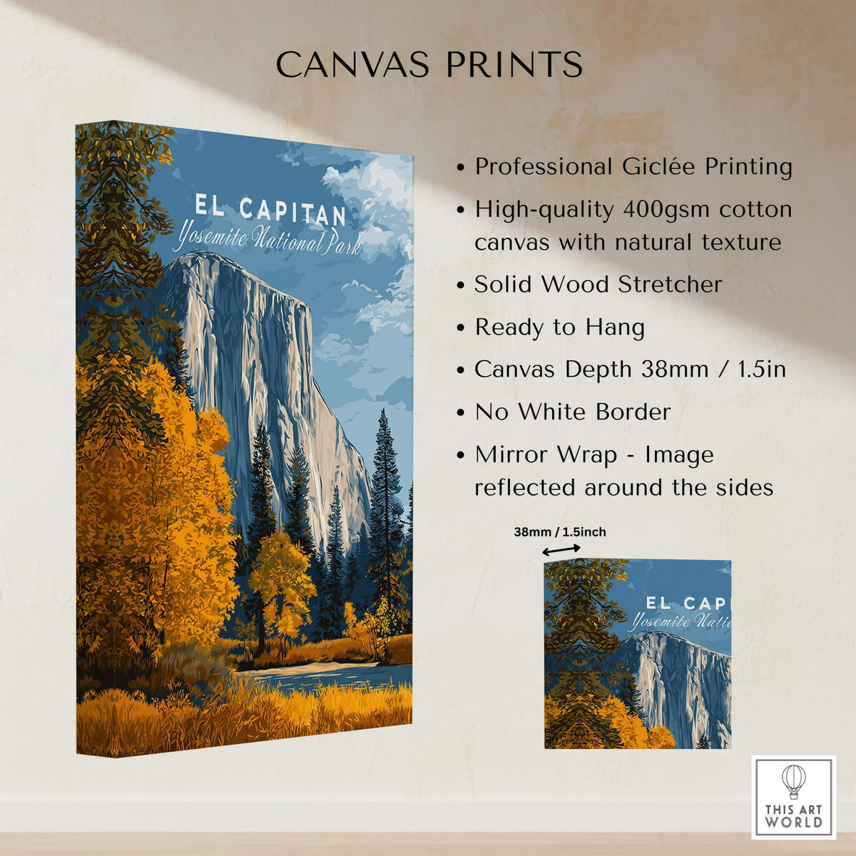 El Capitan Travel Poster – Yosemite National Park Granite Monolith Art canvas print with detailed product features.